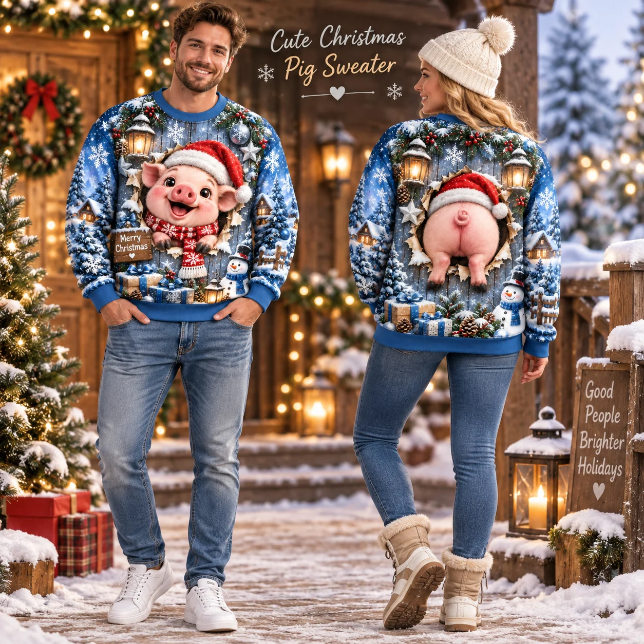 Cute Pig Ugly Christmas Sweater For Adults, Blue Snowy Holiday Sweaters With Santa Hat And Winter Village Design