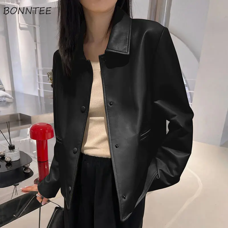 

PU Jackets Women Loose Vintage Simple M-4XL Mature Temper Fashion Ins Office Lady Spring Chic Designed Overcoats All-match Solid