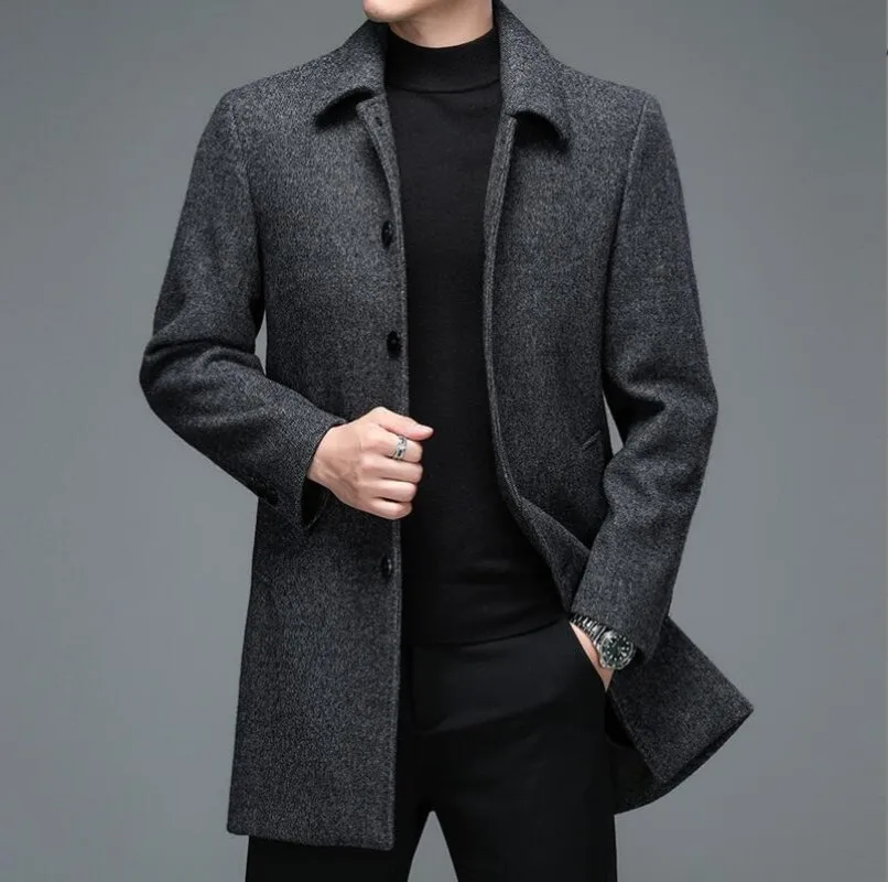 

High Quality Mens Winter Jackets and Coats Business Casual Woolen Jackets Coats Long Overcoat Men Turn Down Collar Wool Blends