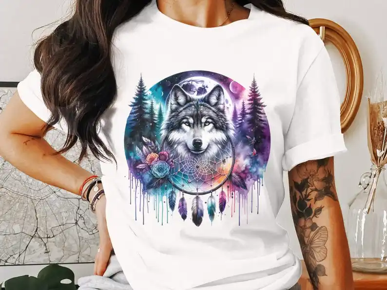 

Wolf Dreamcatcher T-Shirt Sublimation Design, Colorful Wolf with Dreamcatcher PNG, Mystical Animal Art for Printing Decor