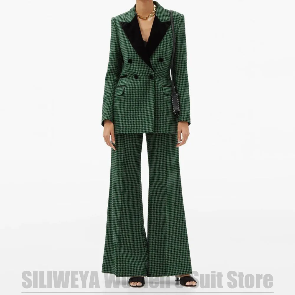 

Women's Houndstooth 2 Piece Suit Double Breasted Blazer and Flared Pants Fashion Formal Evening Party Daily Casual Outfit
