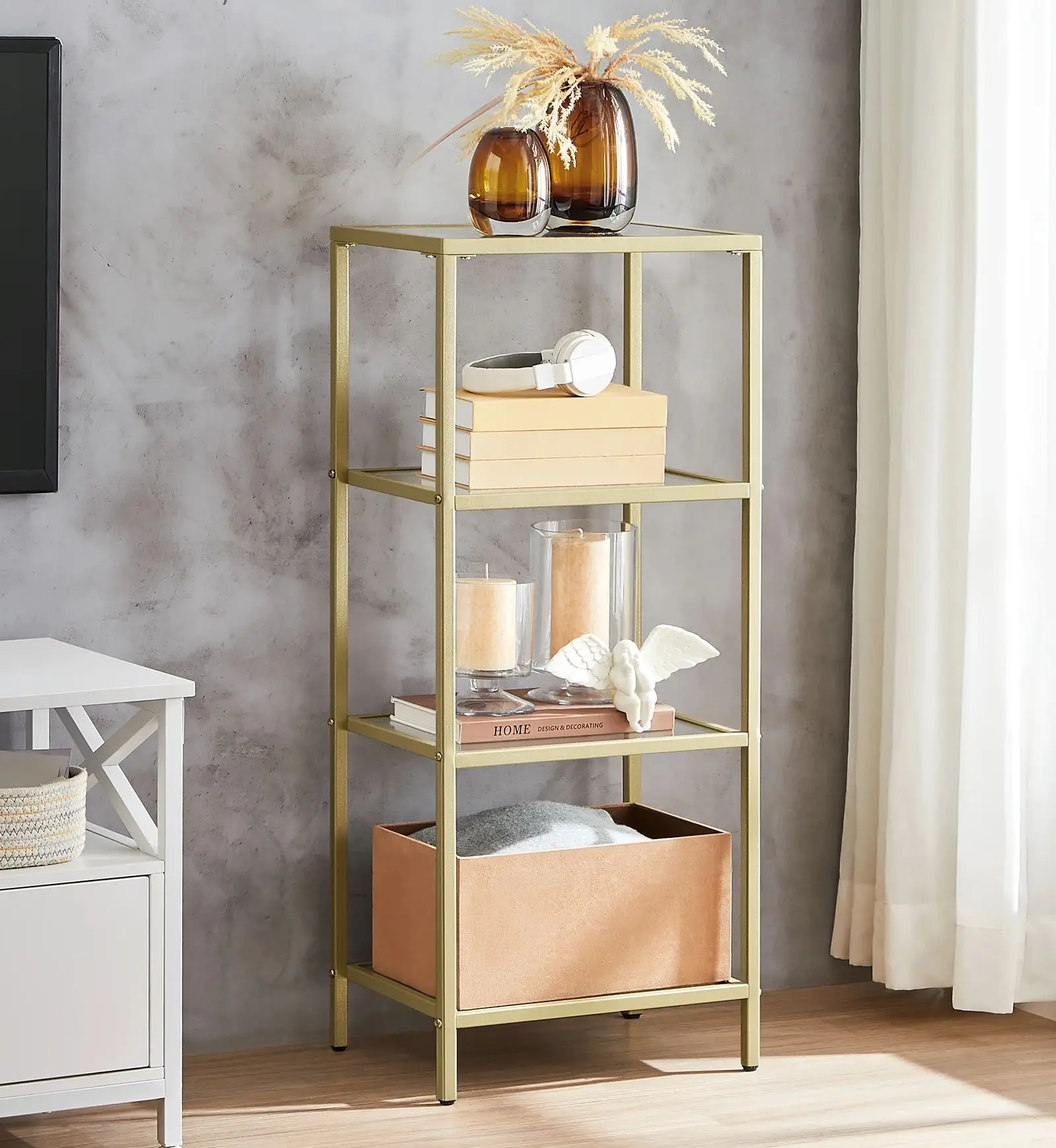 VASAGLE Regal mit 4 Ablagen, Badregal, gehärtetes Glas, für Badezimmer, Wohnzimmer, Küche, Büro, gold