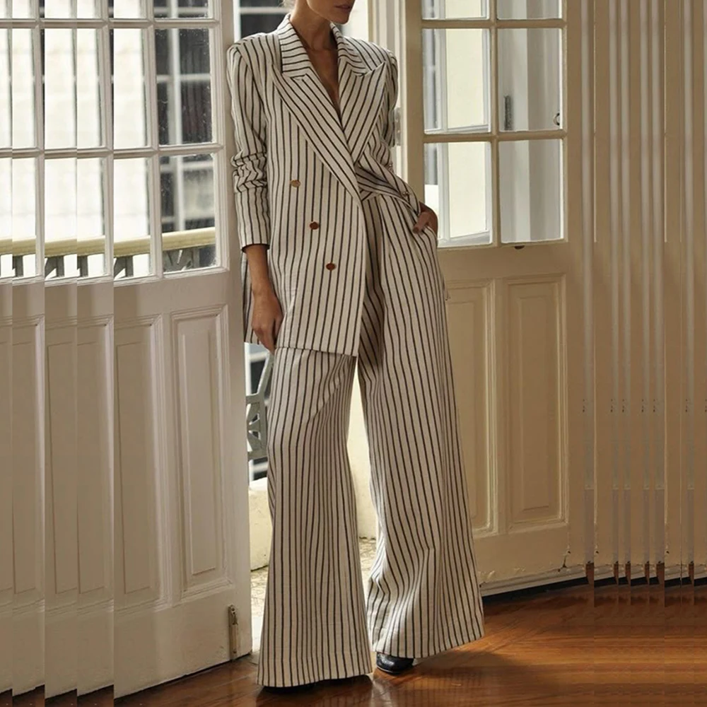 Fashion Stripe two Pieces Suit Set for Women Double Breasted Peak Lapel Jacket Pant Set Slim Fit Office Business Female Clothing