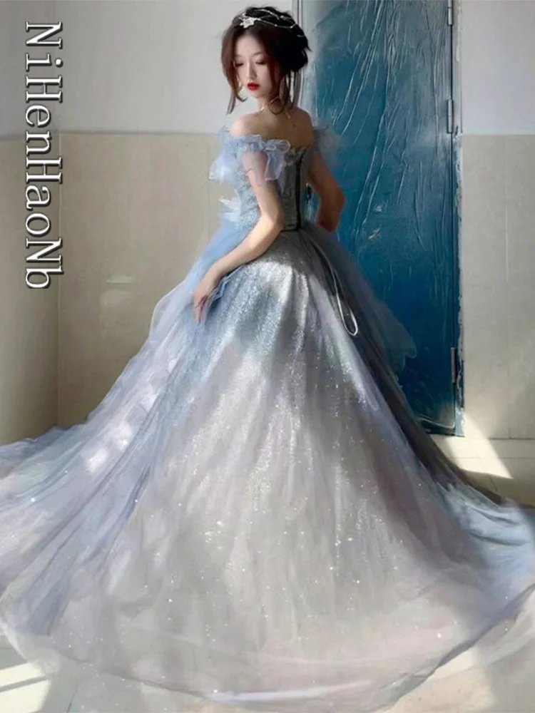 Blau Tüll Layered Brautkleider Quinceanera Kleider Lange Abendkleid