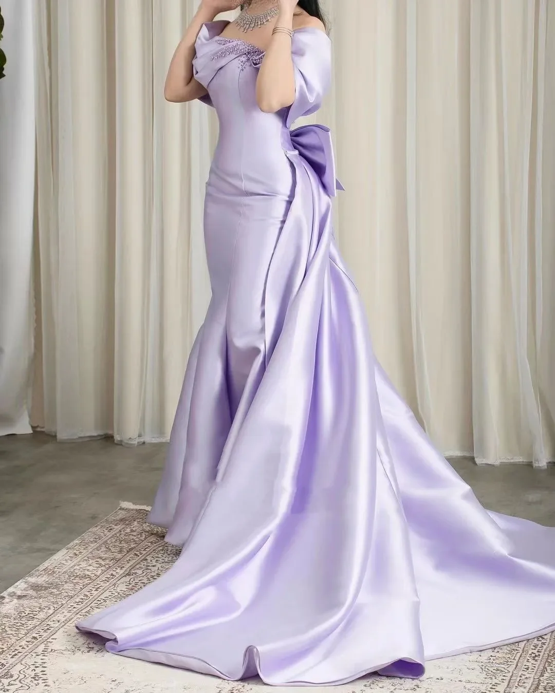 

Saudi Arabia lilac Prom Dresses Beads Off-The-Shoulder Mermaid Formal Evening Dress Sweep Train Bow Wedding Party Dress2024