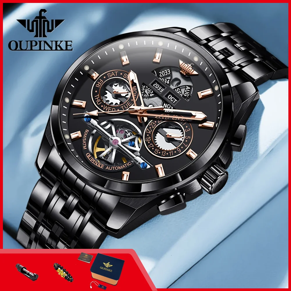OUPINKE 3251 Skelett-Automatikuhr für Herren Luxus Top-Marke Original Multifunktionale Herren-Geschäftsuhr