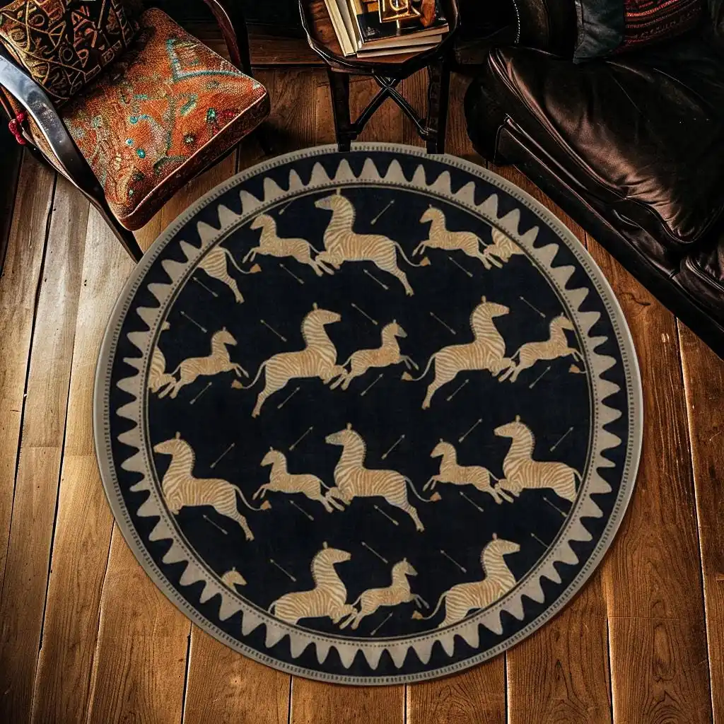 Zebra Safari Round Area Rug Vintage Animal Running Horse Circle Carpet Washable Non Slip Wild Black Living Room Decor