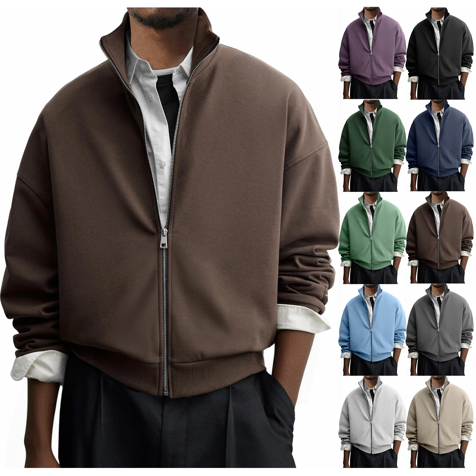 

Men's Casual Jacket Trendy Solid Color Stand Up Collar Zipper Long Sleeved Jacket Autumn and Winter Men Casual Business Coat