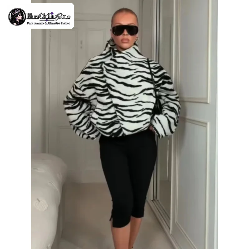 Elara European and American Style Autumn and Winter Y2k Style Retro Fashion Zebra Print Jacket Women's High Neck Short Jacket