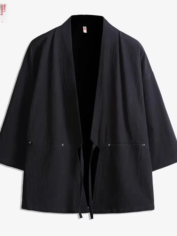 

Chinese Sle Men's ort Coat Jaet with Belt Seven Sve Breathable Cotton Summer Outerwear Casual Loose Fit irt