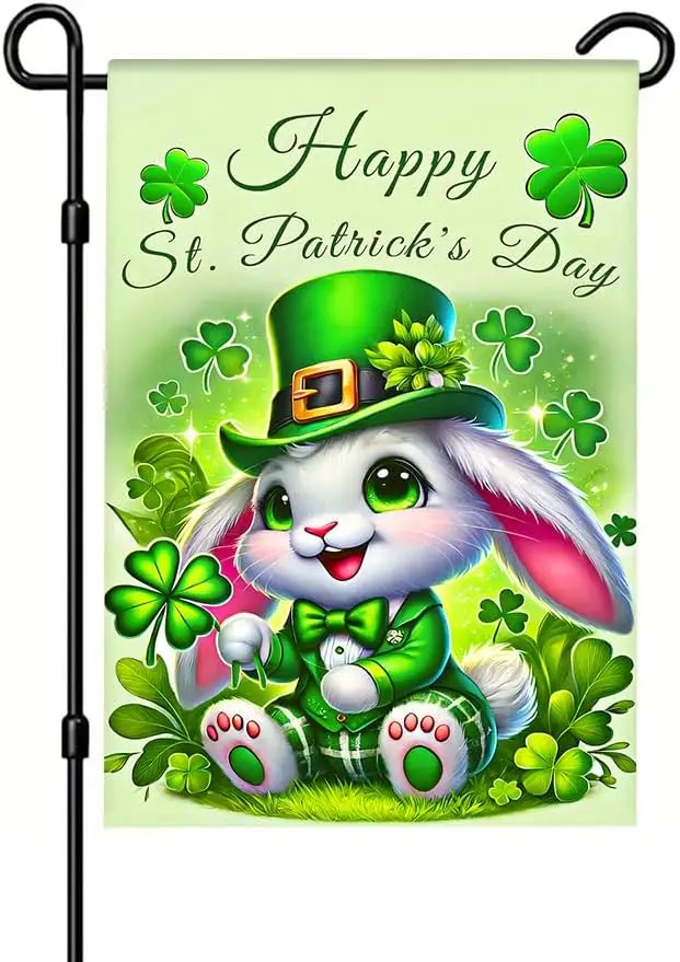 Garden Flag 12x18 Inch St Patricks Day Cute White Bunny in Green Leprechaun Hat Holding Shamrock Festive Yard Banner for Out zzo