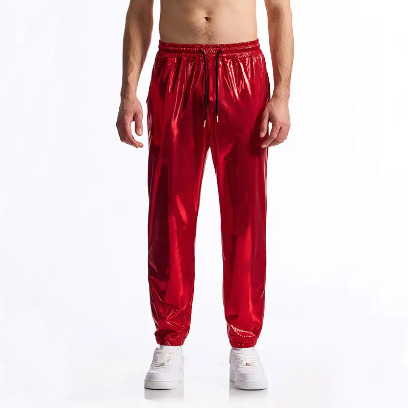

High Shine Metallic Gold Foil Retro Trousers Disco Pants for Men 2026 Elastic Waist with Drawstring for Nightclub Party Bottoms