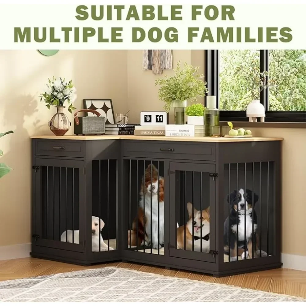 

Большая угловая мебель-клетка для собак на 2 питомца, 59-дюймовый деревянный домик-вольер для собак в стиле мебели для дома с двумя отдельными комнатами и выдвижными ящиками