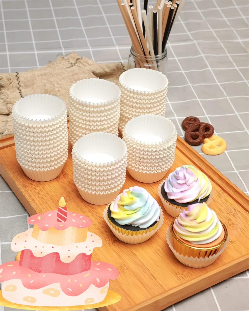 200 Stück weiße Cupcake-Einlagen, antihaftbeschichtete Backförmchen, Muffin-Cupcake-Geschenkpapier, knitterfreie Muffinförmchen für die Hochzeit in der Küche – Detail 2