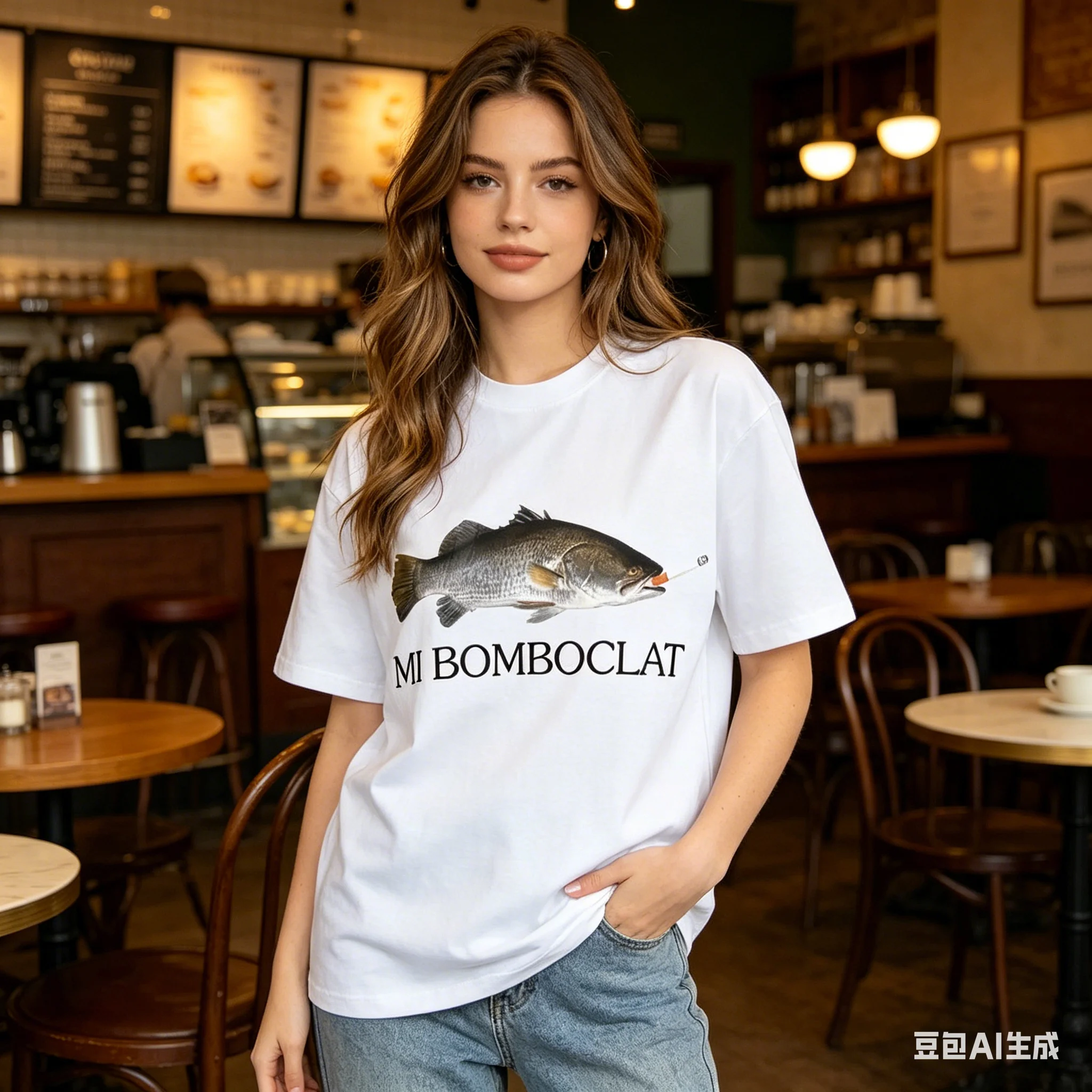 Women's fashionable fish-shaped letter print top, a must-have casual summer graphic tee for island travel, available in multiple
