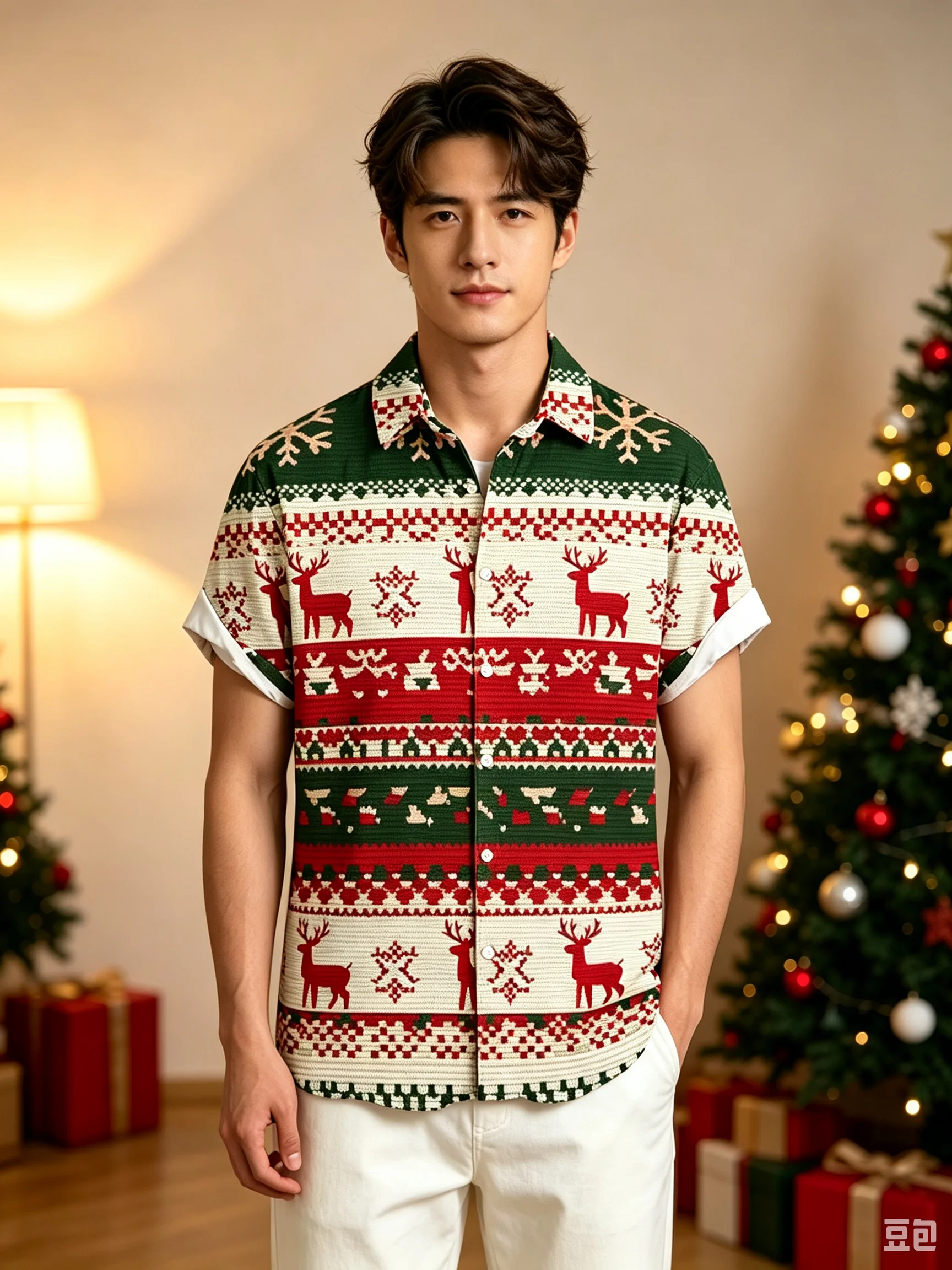 Men's New Santa Claus Snowflake Print Shirt Tropical Hawaii Beach Vacation Soft Short-sleeved Clothes Comfortable Casual Top Men