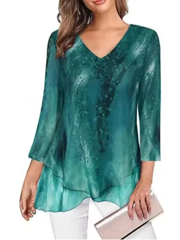 

Printed V-neck Long Sleeved Pleated Casual Women's T-shirt Street Versatile Elegant Commuting Style Spring Top