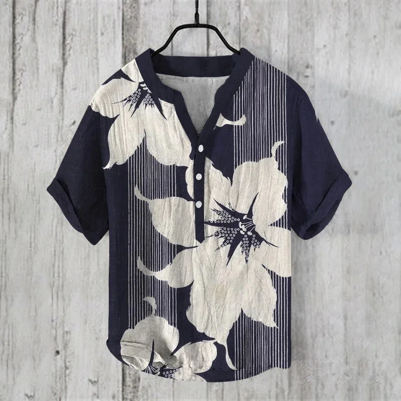 Hawaiian shirt, traditional Chinese painting bamboo series, 3D digital printing, men's ethnic style, 3-piece buckle V-neck