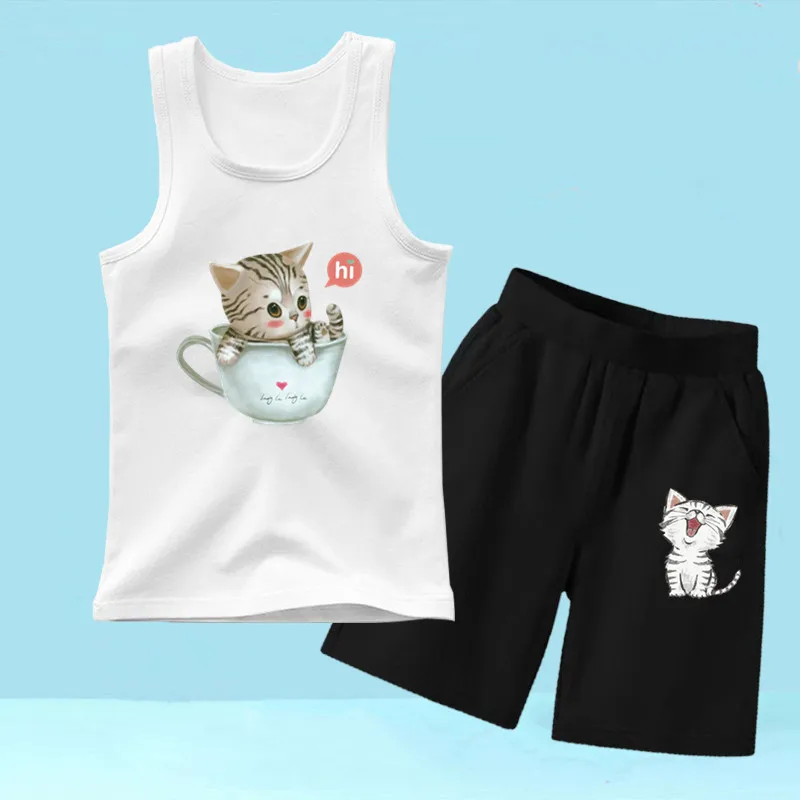 3-14y Girls Clothes Sets Cute Cartoon Cup Cat Printed Sleeveless Tshirt+Shorts Two Piece Suit Casual Fashion Summer Outfits