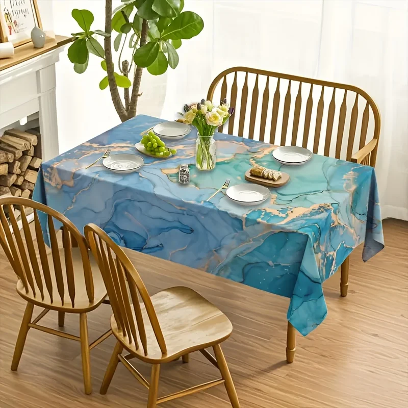 One green turquoise marble rectangular tablecloth with a blue-gold abstract fluid design - perfect for parties