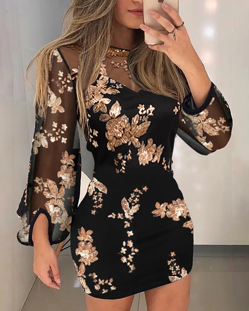 Fall Women's Vintage Dresses Floral Pattern Contrast Sequin Sheer Mesh Party Dress Ladies Skinny Mini vestido