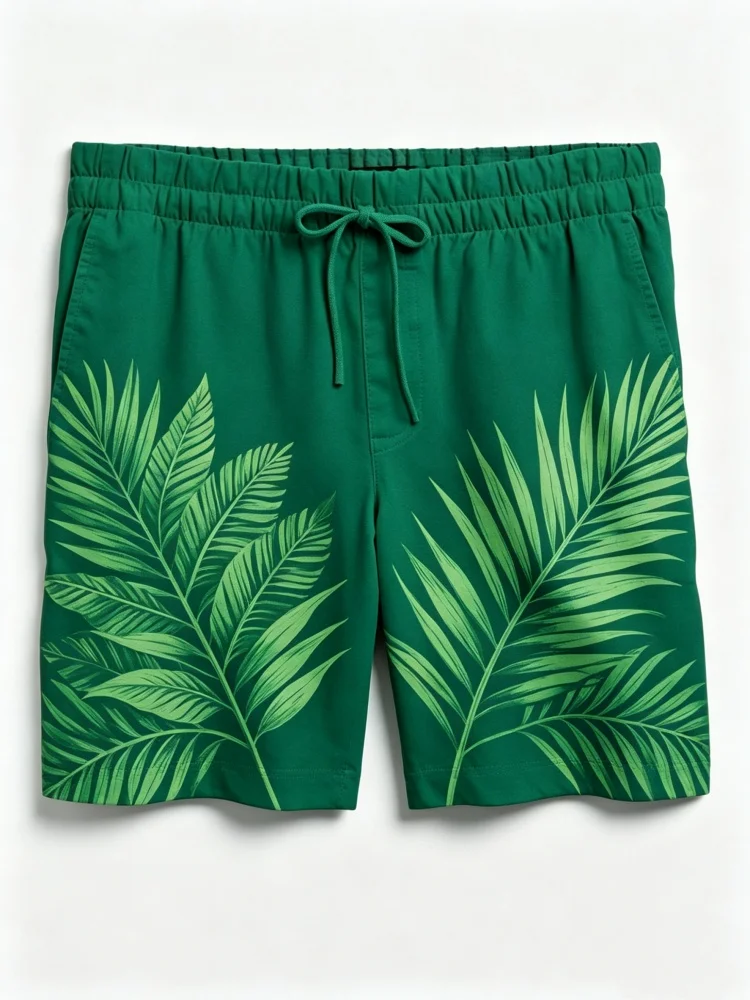 

Men Green Tropical Palm Leaf Print Drawstring Waist Casual Shorts With Pockets