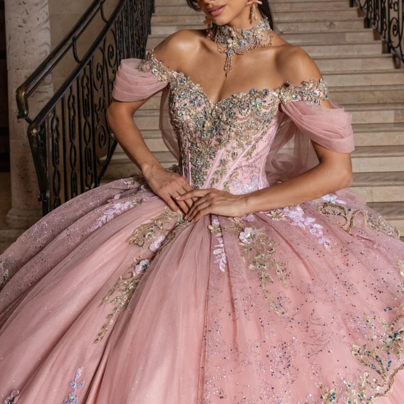 

Pink Shiny Quinceanera Dresses Ball Gown Off The Shoulder Applique Lace Beading Crystal Tull Sweet 16 Dress Vestidos 15 De Anos