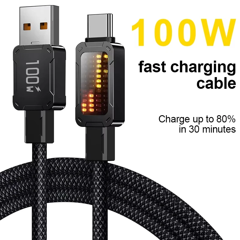 

PD100W With LED Streamer Light Display Super Fast Charging Data Cable For HUAWEI Samsung iPhone 15-16 Tablets