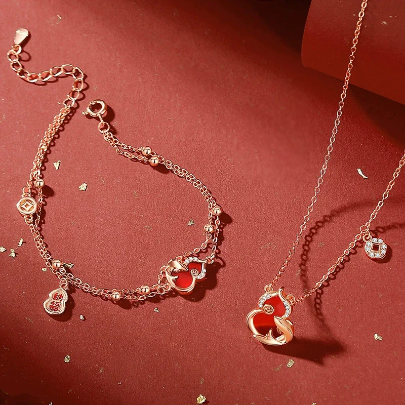 Lucky Gourd Necklace for Women Light Luxury Red Koi Earrings Fashionable and Simple Ethnic Style Jewelry Set KOFSAC