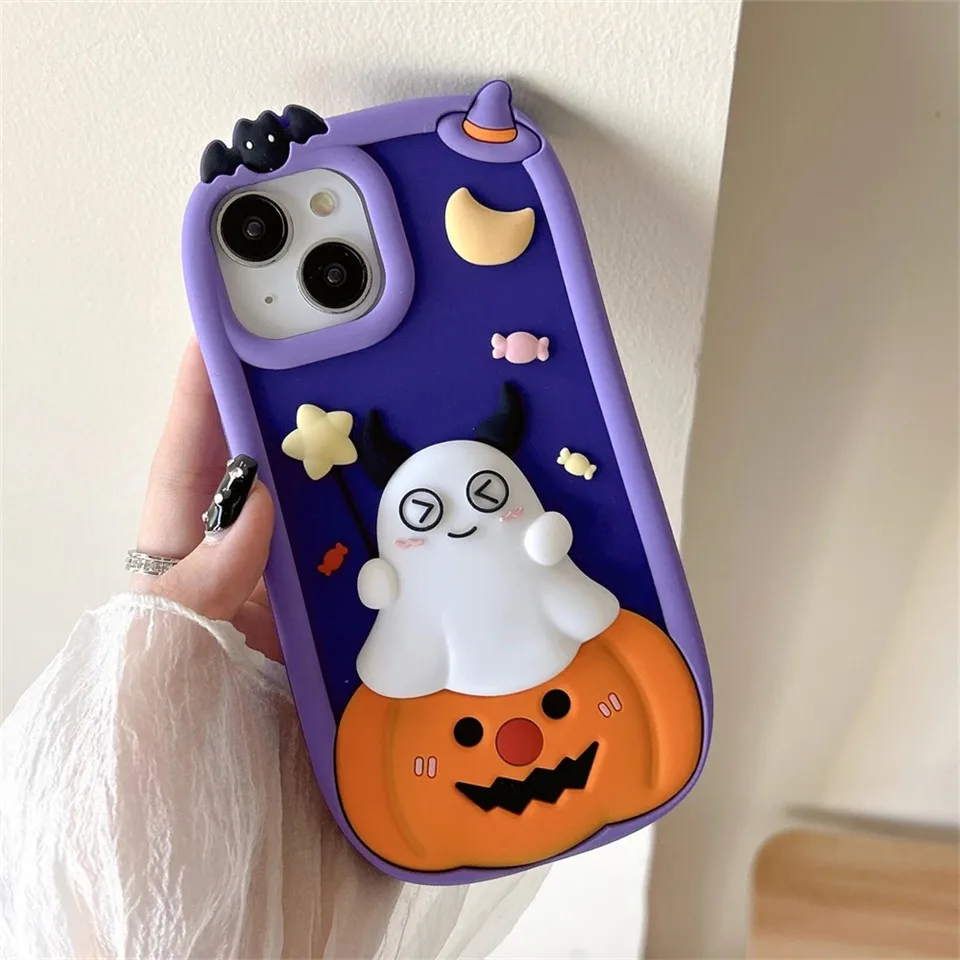 Cute 3D Pumpkin Ghost Phone Case For iPhone 15 Pro Max 12 13 14 Pro 11 Cartoon Halloween Shockproof Silicone Cover