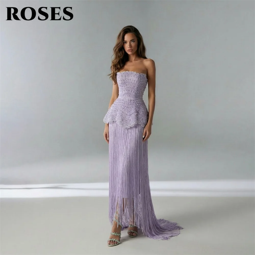 ROSES Light Purple Party Dress Strapless Evening Dress with Fringe فستان سهرة Beaded Lace Peplum Prom Gown Customized