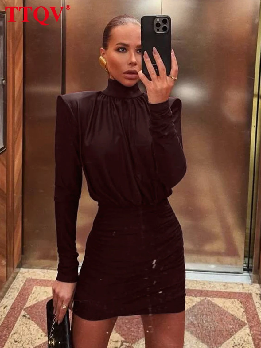 

Модное облегающее женское платье TTQV винного цвета 2026: элегантное классическое мини-платье с высокой талией, воротником-стойкой и длинными рукавами