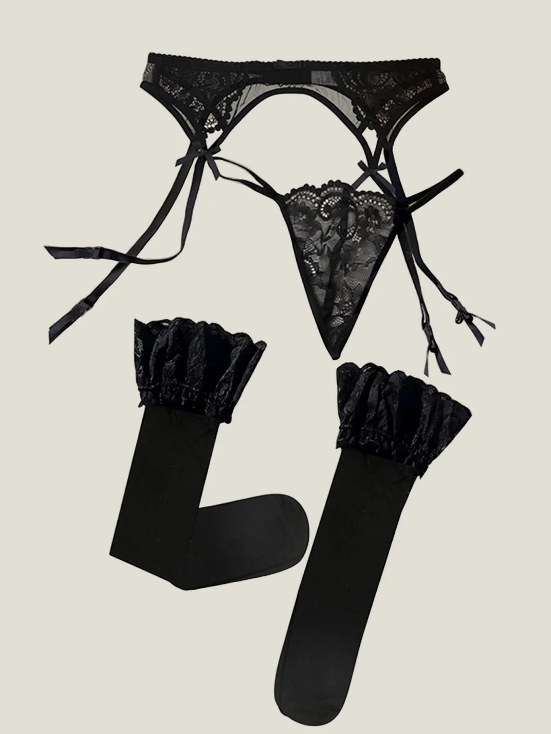 Varsbaby Transparent Lace Garter G-string Stockings Set 3pcs See-through Sexy Suspender Belt Underwears