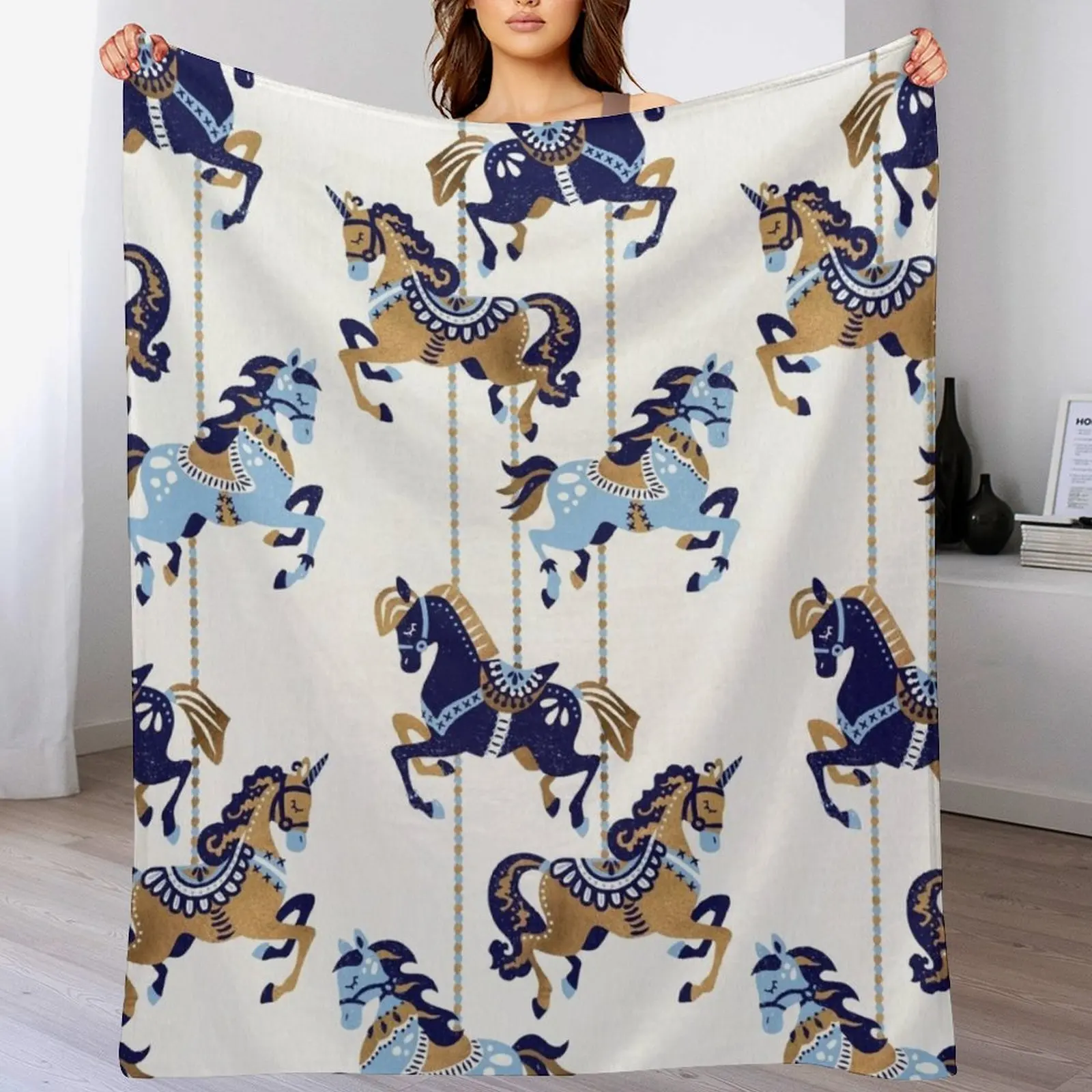 

Carousel Horses a Copper & Blue Throw Blanket Foldable Soft Warm Blanket for Outdoor Use
