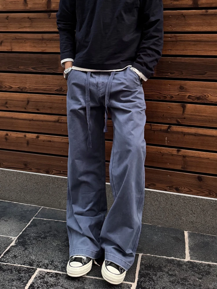 Handmade Blue Faded Men's Casual Loose Work Trousers CleanFit American Retro Style Jeans Casual Loose Long Pants for Men