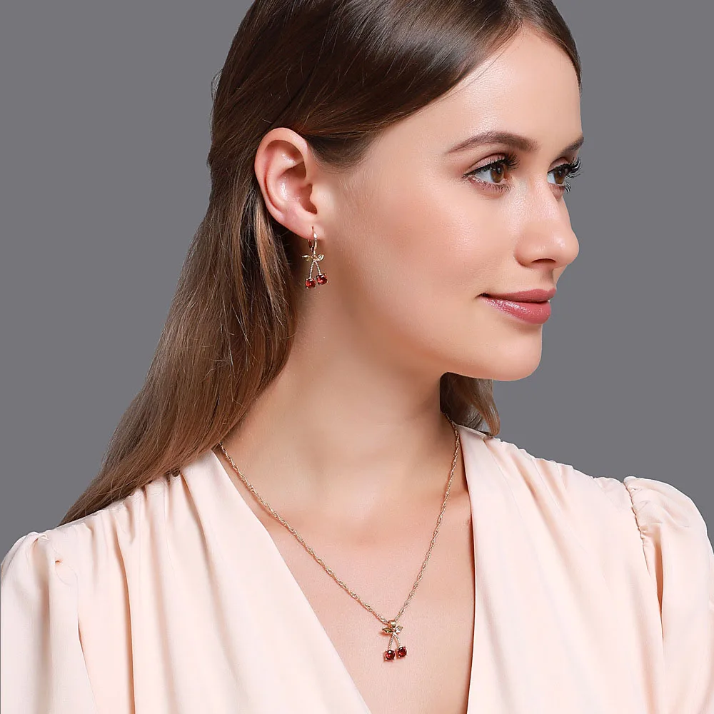 Luxury Wedding Dinner Party Temperament Jewelry Sets Bright Red Crystal Cherry Heart Pendant Necklace and Drop Earring for Women