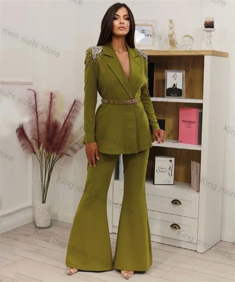 

Green Women Suit Pants Set 2 Piece Crystals Blazer+Trousers With Belt Customized Formal Office Lady Jacket Wedding Prom Coat