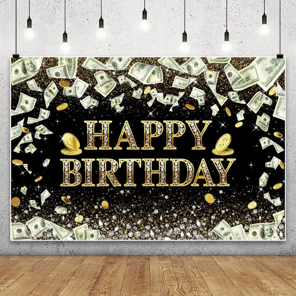 Fond de photographie de décoration de thème de dollar d'argent de fête d'anniversaire d'adulte, champagne, diamant, paillettes, toile de fond de néon vert de luxe