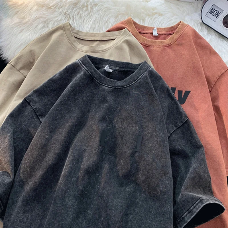 

Ретро-футболка в американском стиле для мужчин, летняя, плотная, с коротким рукавом, оверсайз, черная, модная, молодежная, повседневная.