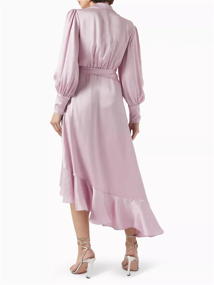 Customized New Light Pink Belted Ruffled Asymmetric Dress, Long-sleeved Cross V-neck Waist Strap Ruffled Skirt Hem Evening Dress