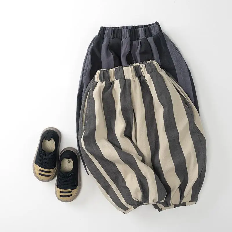

2025 Winter New Children Fleece Trousers Boys Striped Casual Pants Plus Velvet Thick Kids Girls Warm Pants Loose Baby Clothes