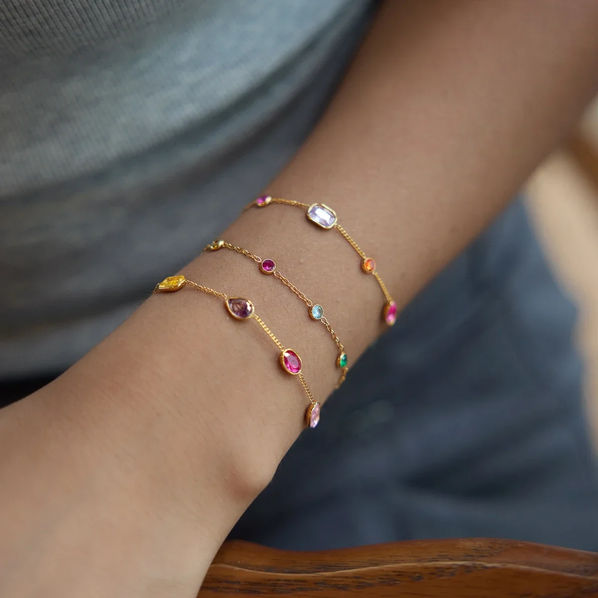 Colorful Gemstone Thin Gold Bracelet Oval Rectangle Crystal Bead Adjustable Delicate Stackable Women Bracelet