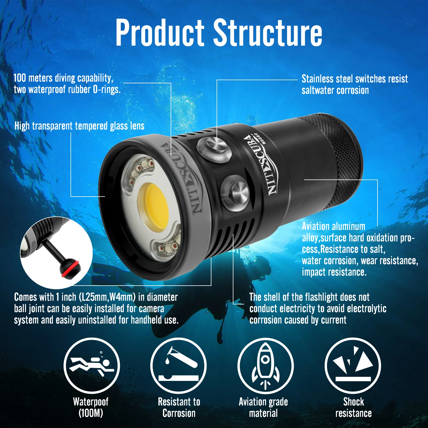 Nitescuba LED Dive Light Video Photography Glare 6000 lumens scuba torch Wide Angle CRI=90 UV Red focus 100 waterproof