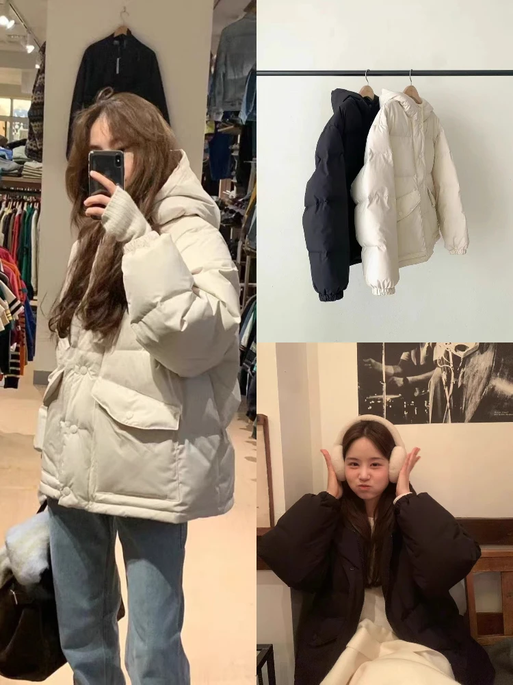 

Warm ort Women's down Jaet Hooded Zipper Casual Loose Bread Sle Polyester 90% down 80% White Du Feather Filling