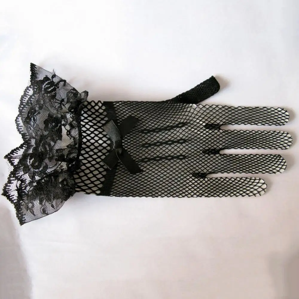 Женские черно-белые летние перчатки для вождения с защитой от ультрафиолета, женские тонкие сетчатые перчатки, модные кружевные варежки с рюшами и полным пальцем