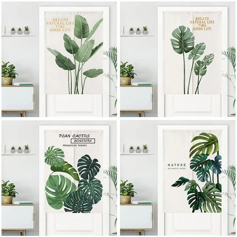 VIKAMA Tropical Plant Monstera Door Curtain Noren Partition No Drill Privacy Half Curtain for Home Kitchen Bedroom Living Room