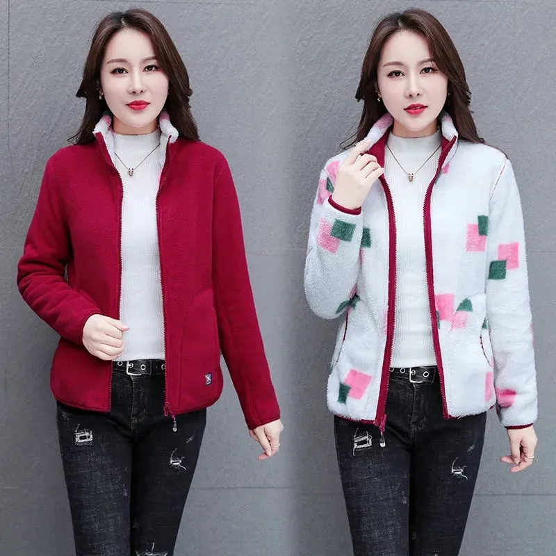 Reversible Polar Fleece Hoodie Female Spring Autumn New Add Velvet Add Thick Stand Collar Cardigan Coral Fleece Keep Warm Coat