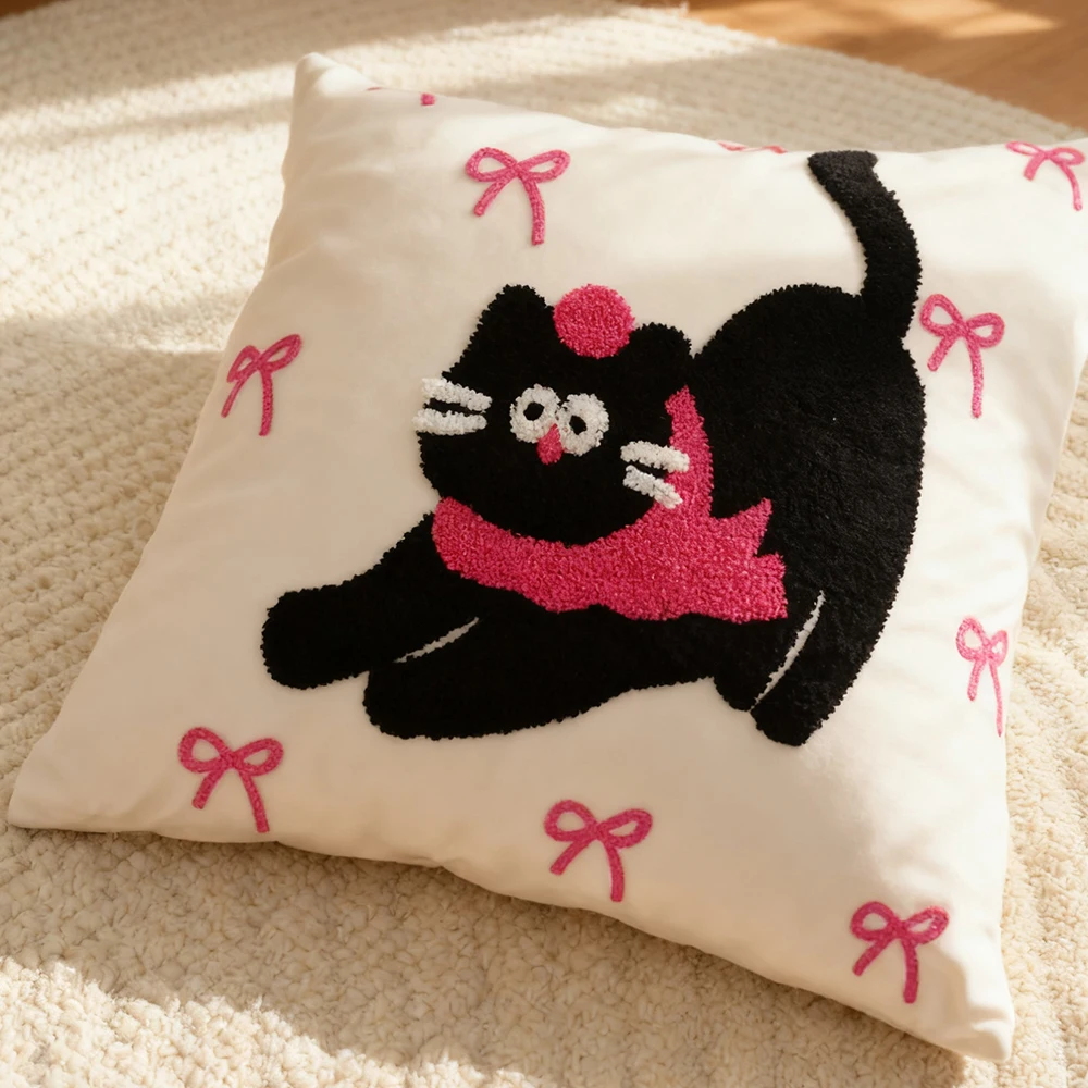 BUYNOW 1PC Cat Embroidery Rose Pink Corduroy Pillowcase Cute Country Cottage Living Room Sofa Cushion Cover Home Bedroom Decor