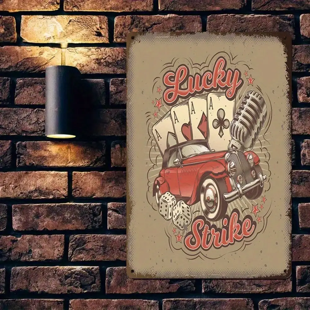 

1PC "Lucky" Retro Tin Sign - Car & Poker Design For Game Rooms, Durable Metal, 8x12in/20x30cm