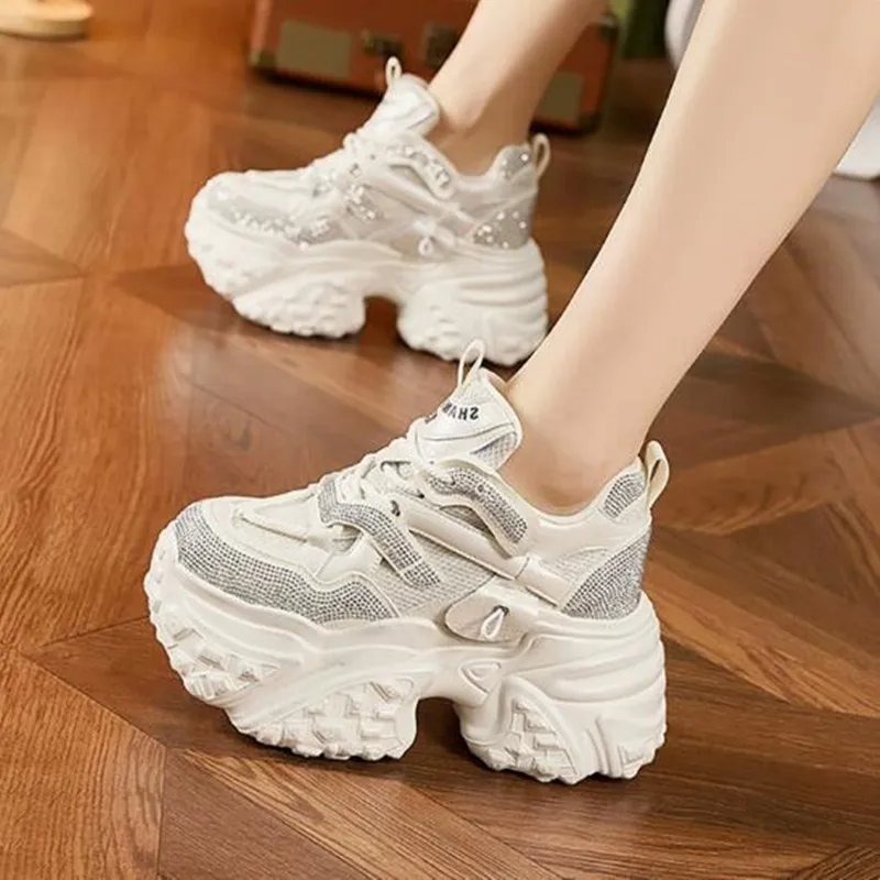 

New 10cm Microfiber Leather Spring Platform Wedge Women Casual Shoes Skate Boarding Bling Fashion Autumn Shoes Chunky Sneakers